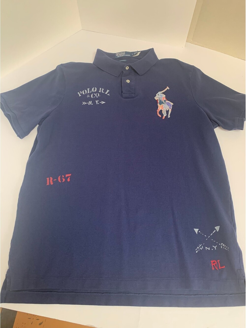 Polo Ralph Lauren Big Pony 67 Patchwork Polo Shirt Navy Classic Fit Size L
